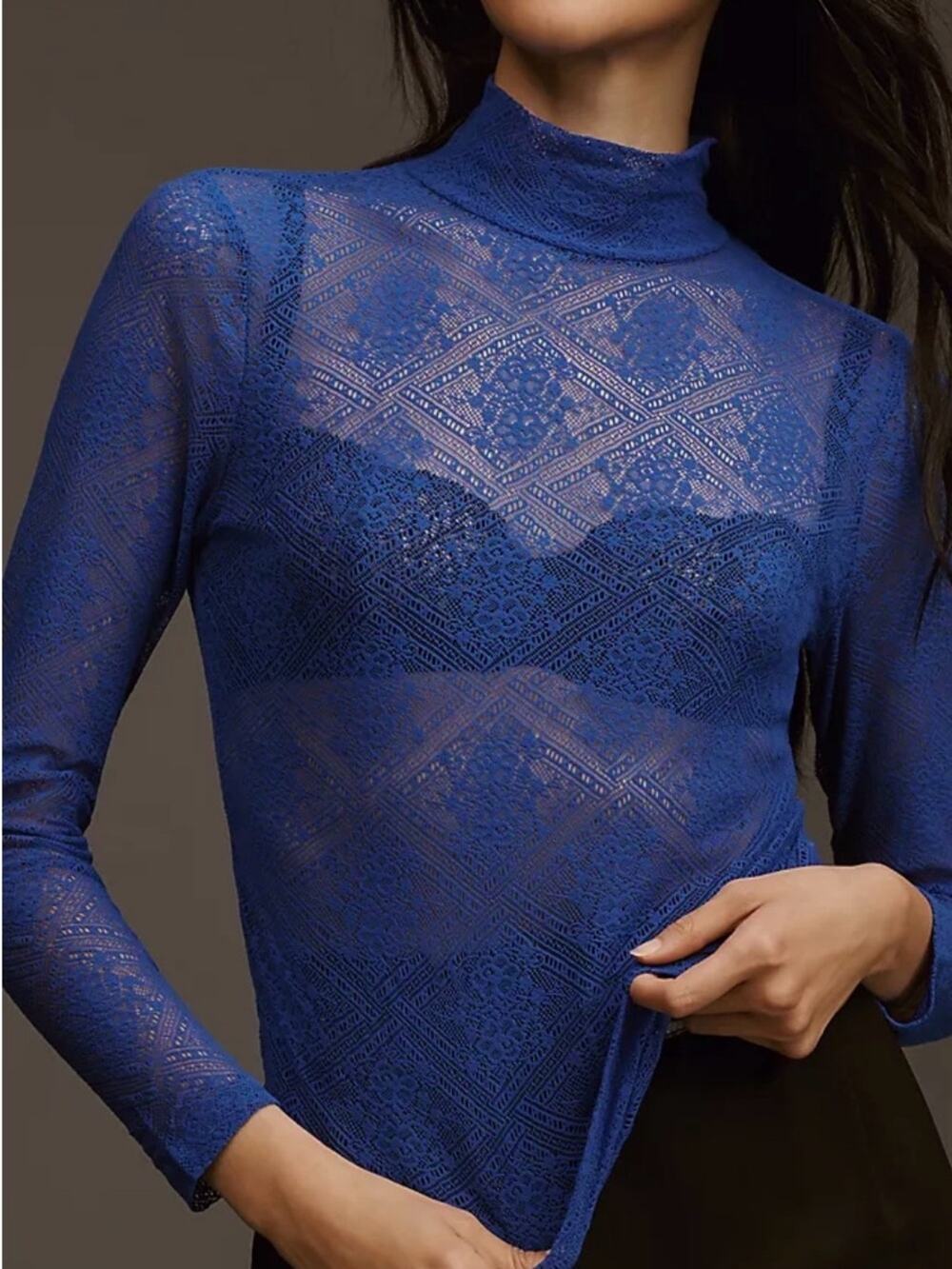 NWOT Anthropologie Women’s Sheer Lace Royal Blue Turtleneck Size S